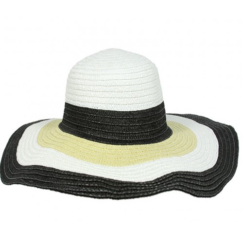 Wide Brim Straw Hat w/ Color Stripes - Black - HT-SHT2324BK